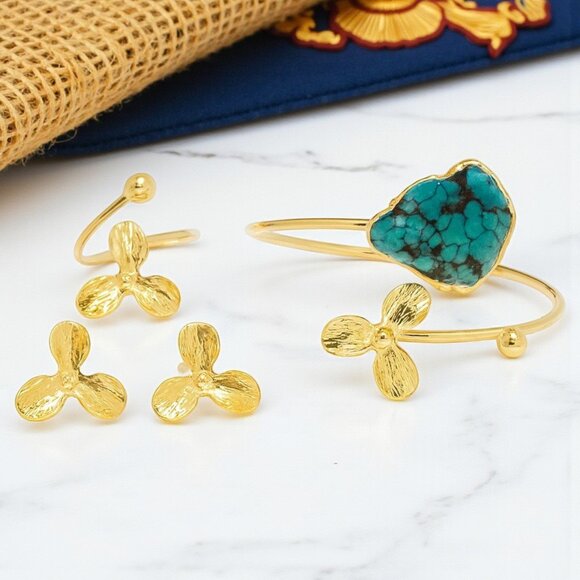 ๐Turkish Artisanal 18K Gold Plated Brass Statement Jewelry Set With Turquoise - Picture 7 of 11